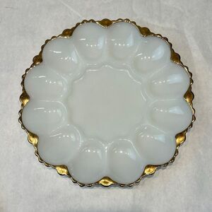 Anchor Hocking Milk Glass Deviled Egg Dish White Gold Trim Vintage Serving Plate
